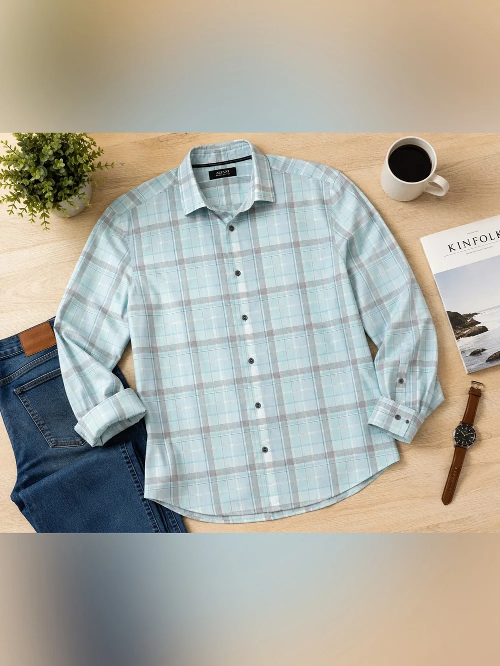 Aqua Gray XL Plaid Button Down Shirt Reg Fit Casual Career Father’s Day Gift
